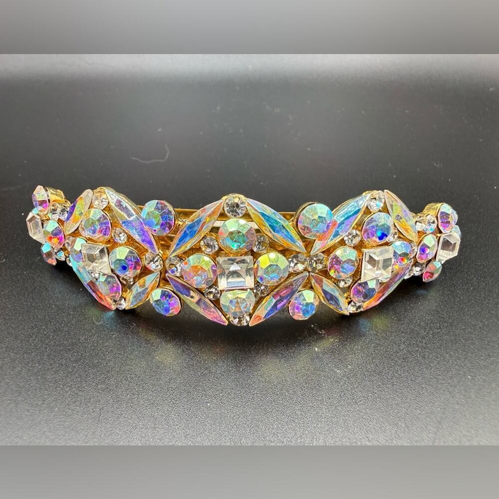 NWT 90s Gold Hair Clip with Multicolored Rhinestones 4” long